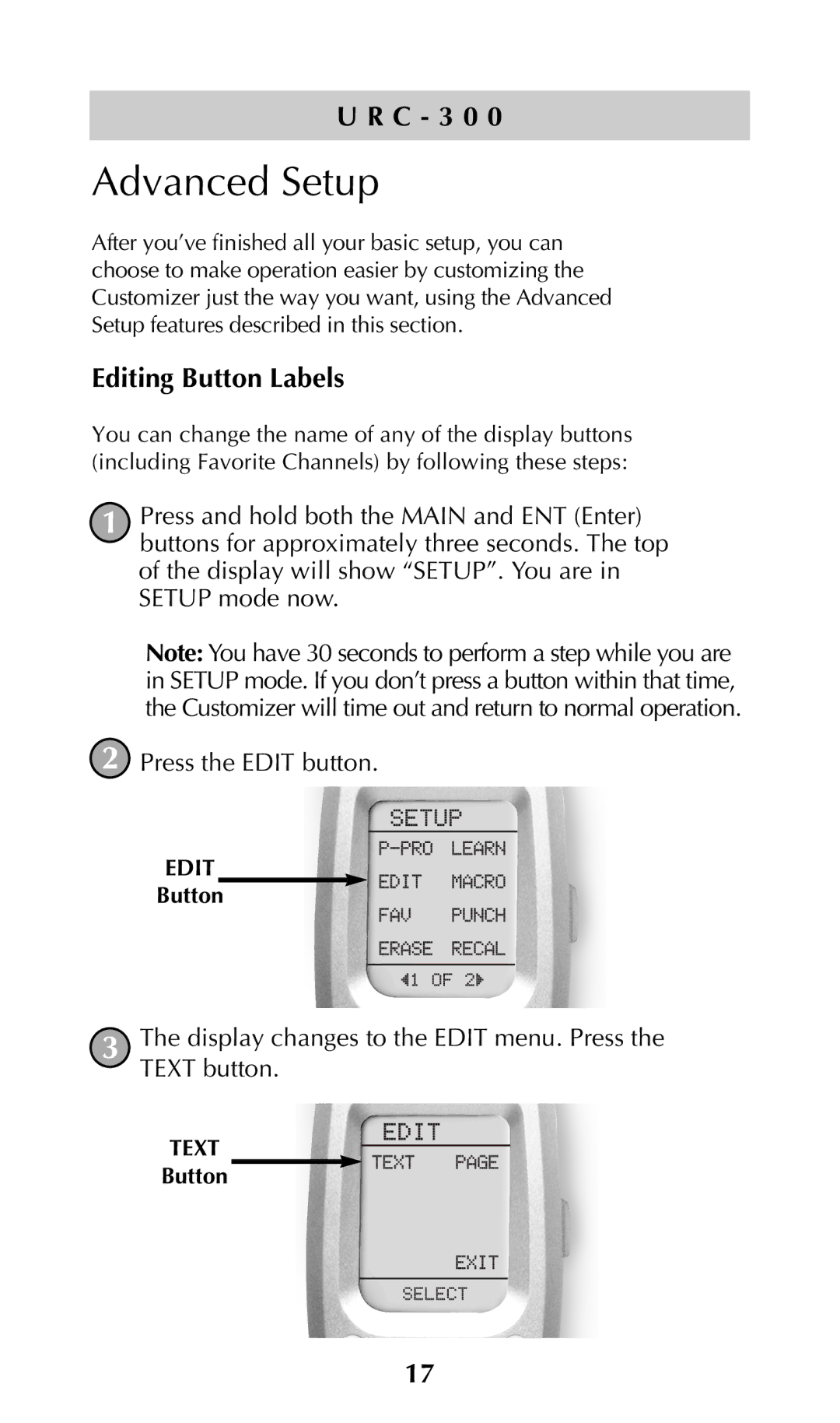 Universal Remote Control URC-300 owner manual Advanced Setup, Editing Button Labels 