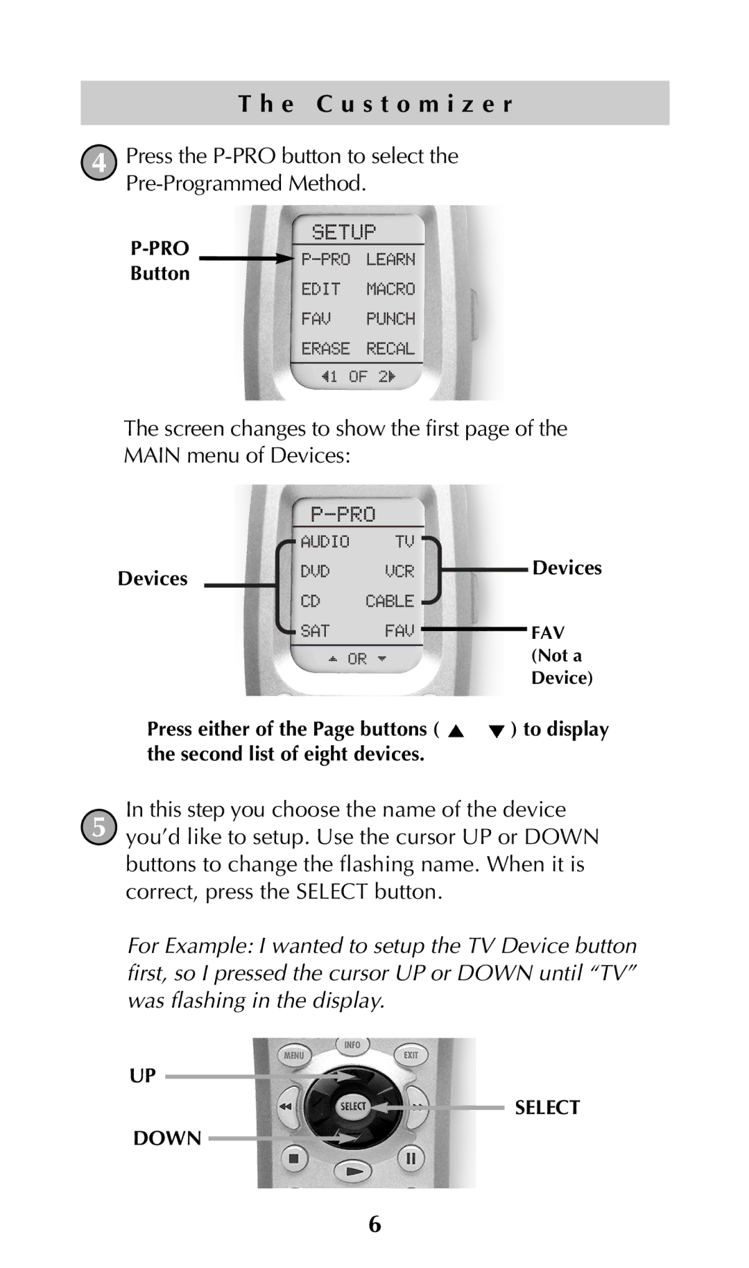 Universal Remote Control URC-300 owner manual Press the P-PRO button to select the Pre-Programmed Method 