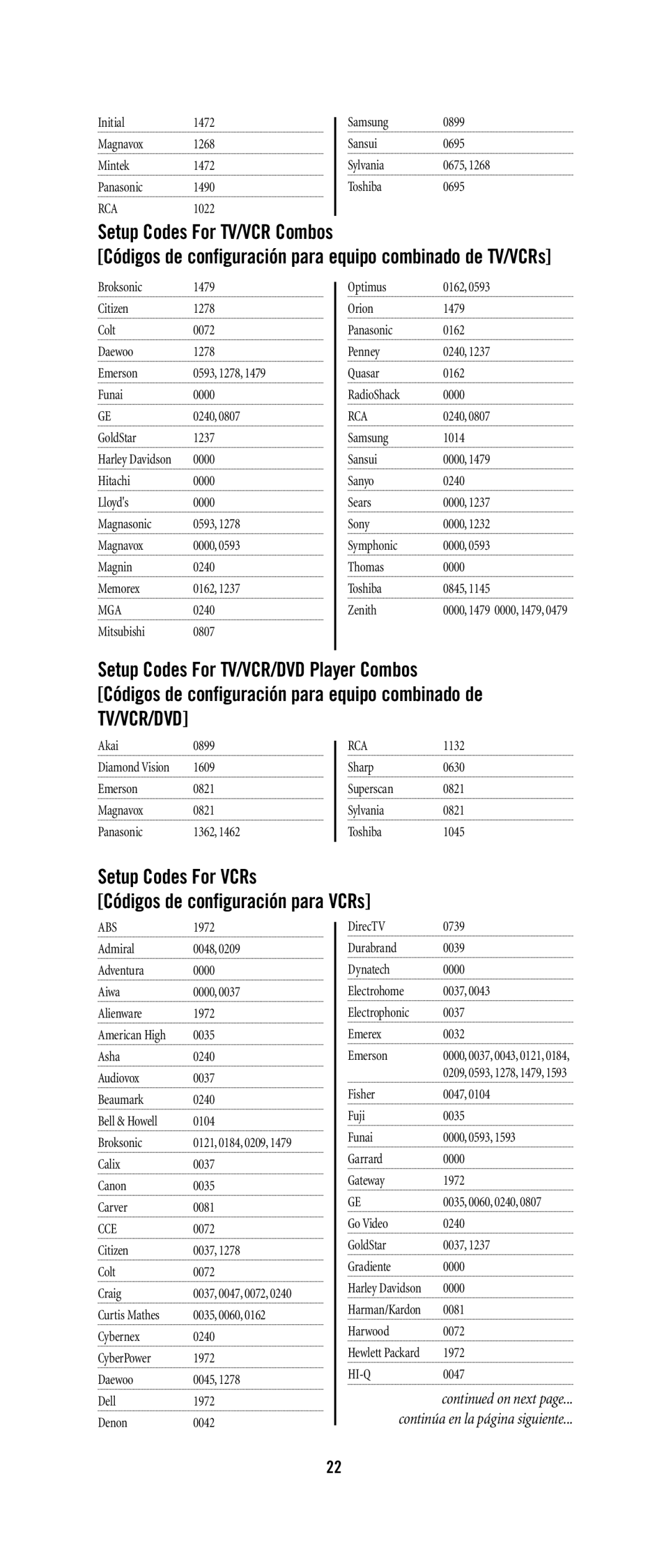 Universal Remote Control URC 4021 Setup Codes For TV/VCR Combos, Setup Codes For VCRs Códigos de configuración para VCRs 