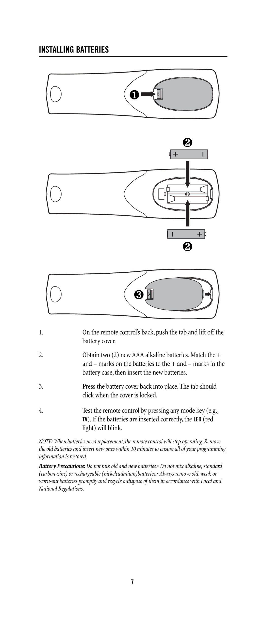 Universal Remote Control URC 4021 warranty Installing Batteries 