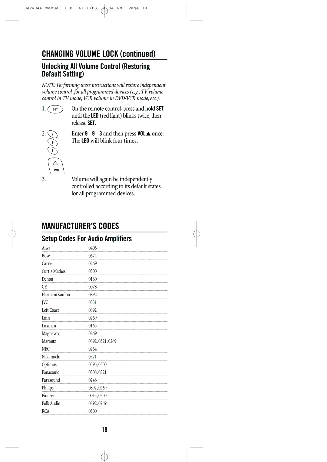 Universal Remote Control URC-4041 manual MANUFACTURER’S Codes, Setup Codes For Audio Amplifiers, Jvc, Nec, Rca 