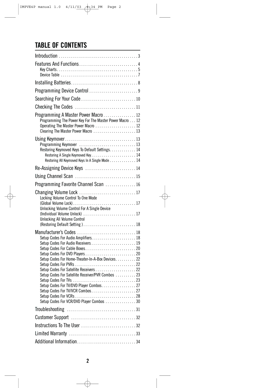 Universal Remote Control URC-4041 manual Table of Contents 