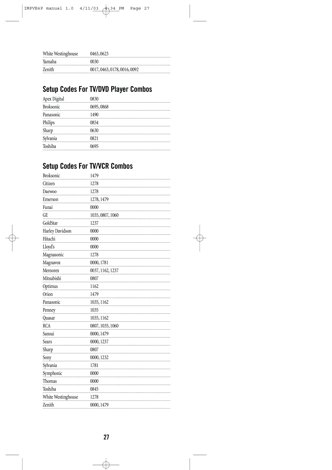 Universal Remote Control URC-4041 manual Setup Codes For TV/DVD Player Combos, Setup Codes For TV/VCR Combos 