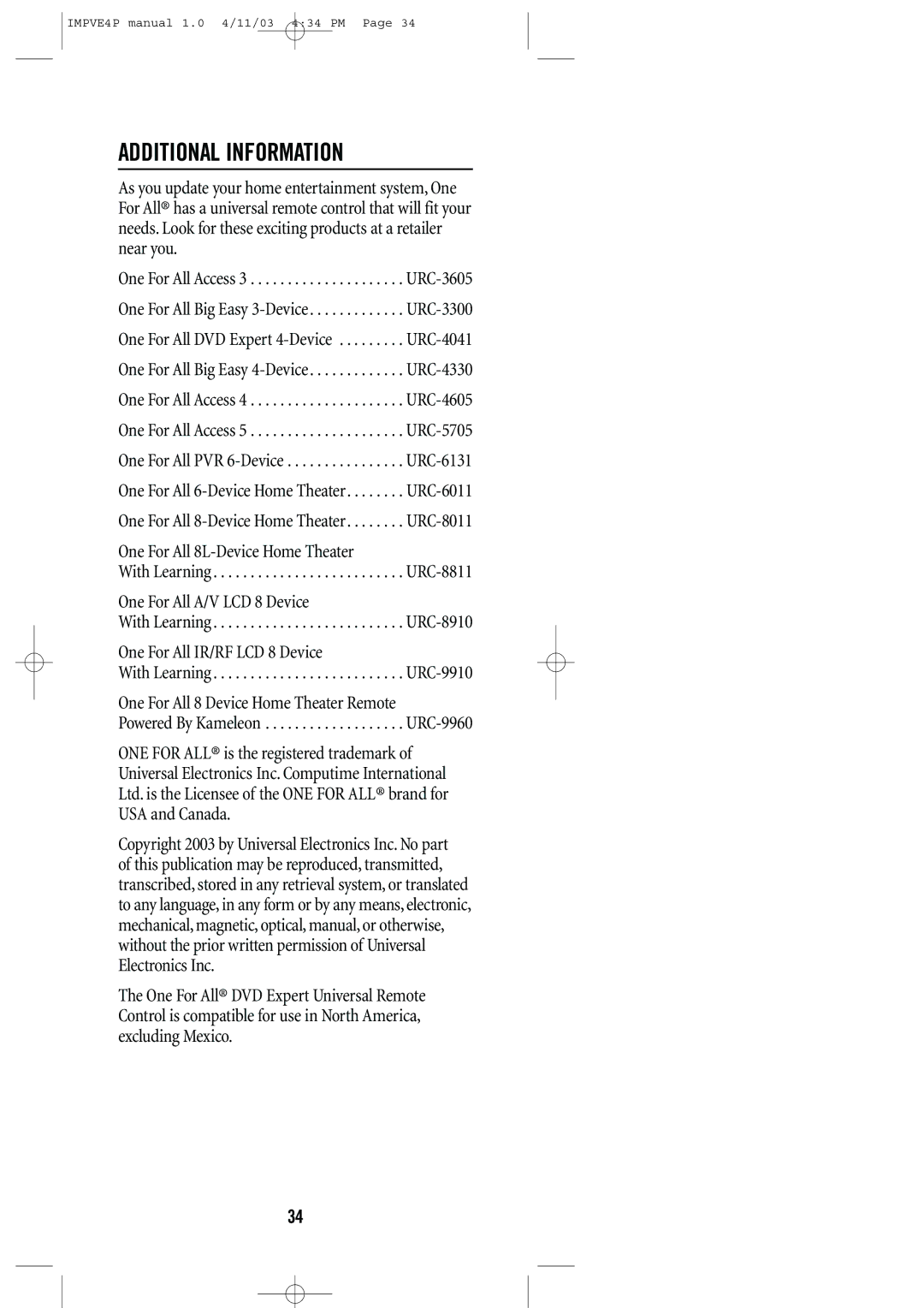 Universal Remote Control URC-4041 manual Additional Information 