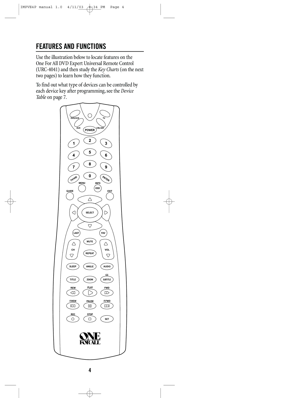 Universal Remote Control URC-4041 manual Features and Functions 