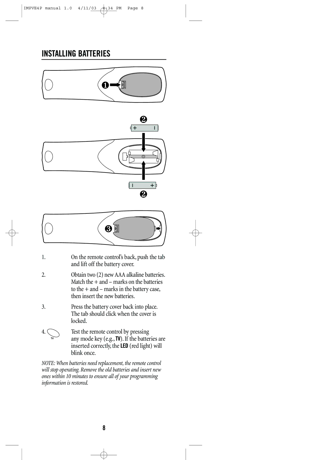 Universal Remote Control URC-4041 manual Installing Batteries 