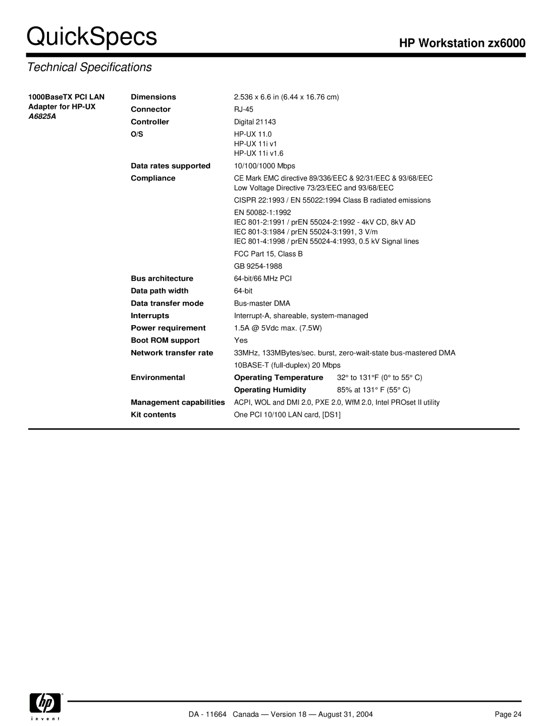 Universal Remote Control zx6000 manual 1000BaseTX PCI LAN Dimensions, Adapter for HP-UX Connector, Data rates supported 