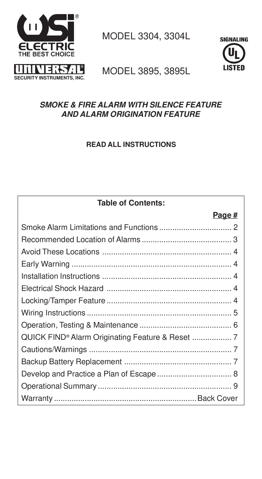 Universal Security Instruments installation instructions Model 3304, 3304L Model 3895, 3895L 