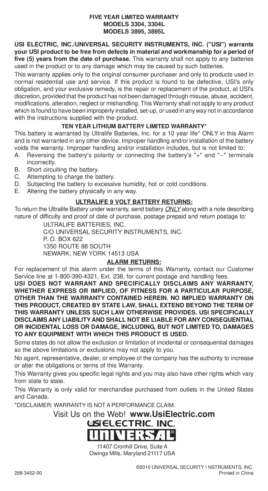 Universal Security Instruments 3895L, 3304L installation instructions Five Year Limited Warranty 