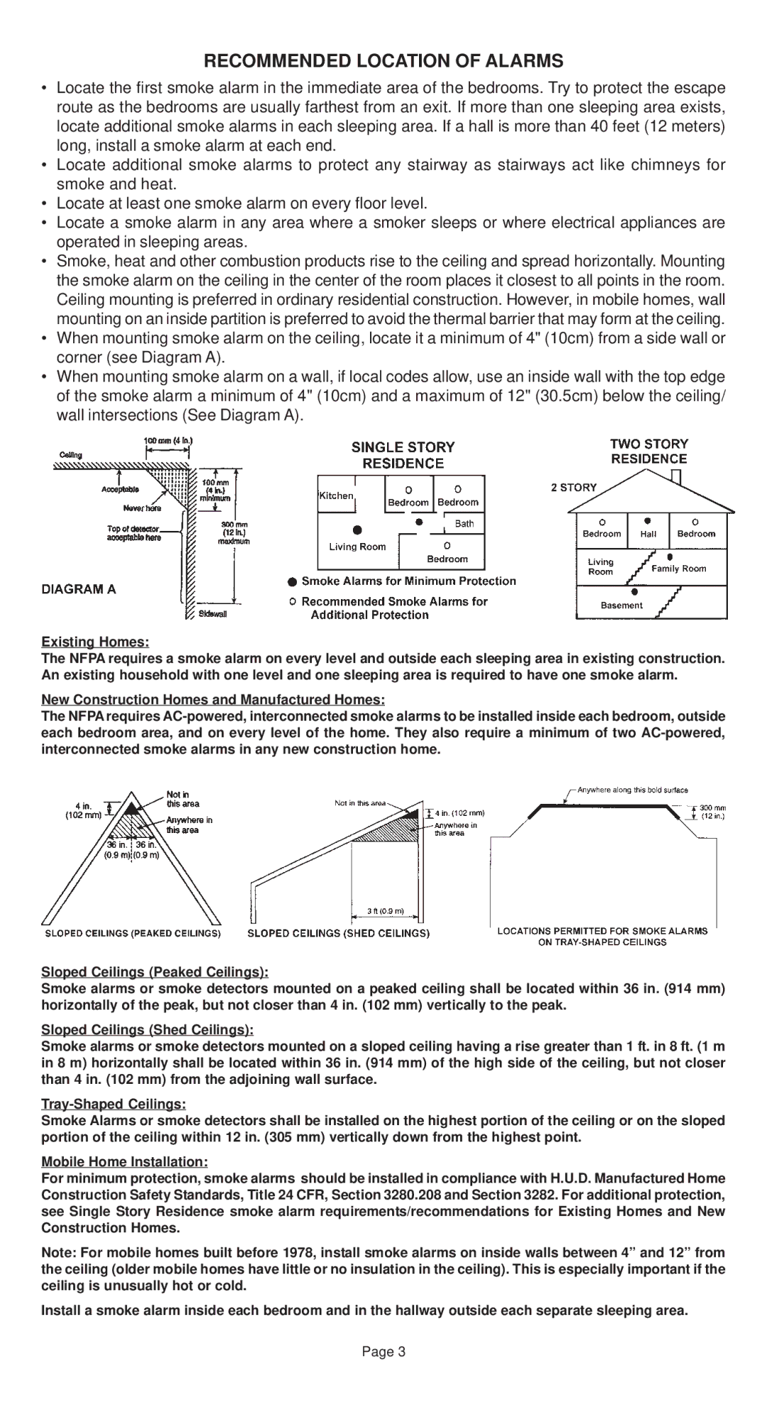 Universal Security Instruments 3304L, 3895L installation instructions Recommended Location of Alarms 