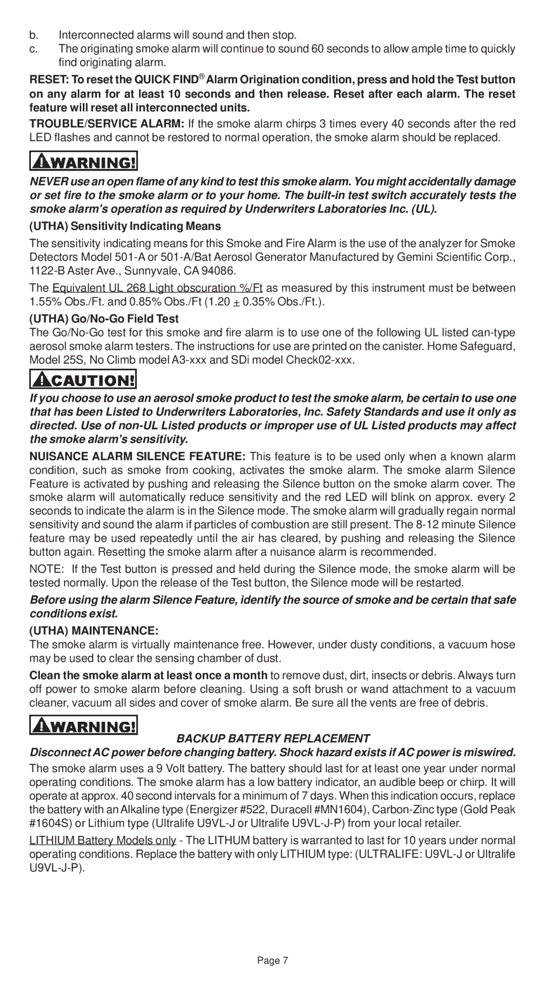 Universal Security Instruments 3304L, 3895L installation instructions Utha Sensitivity Indicating Means, Utha Maintenance 