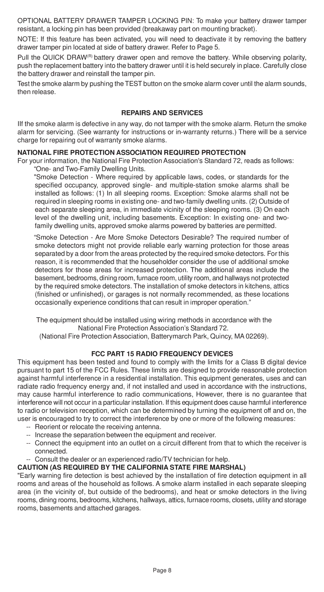 Universal Security Instruments 3895L, 3304 Repairs and Services, National Fire Protection Association Required Protection 