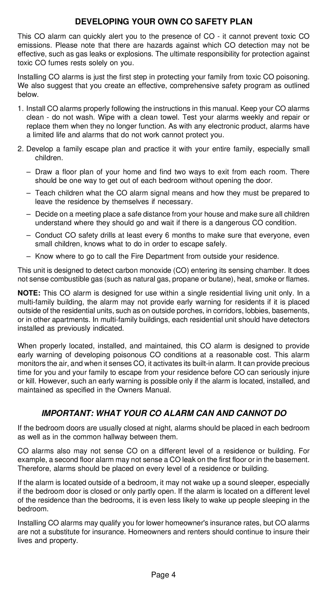 Universal Security Instruments CD-9590 Developing Your OWN CO Safety Plan, Important What Your CO Alarm can and Cannot do 