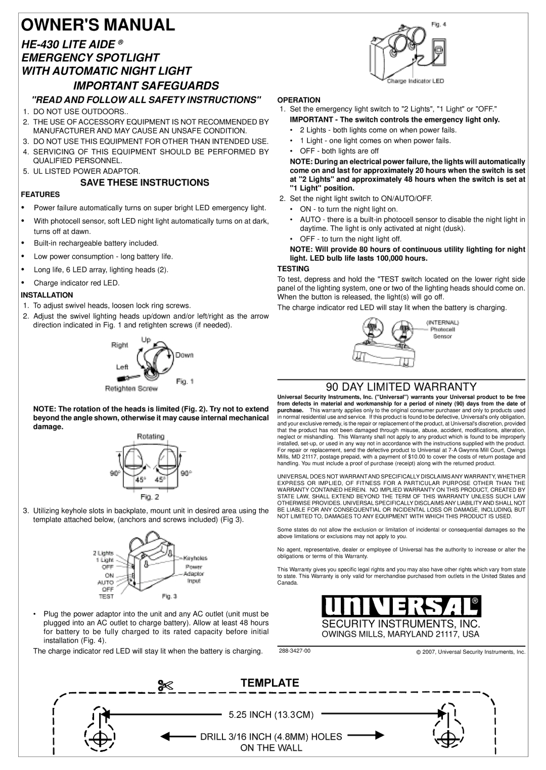 Universal Security Instruments HE-430 owner manual DAY Limited Warranty, Security INSTRUMENTS, INC 