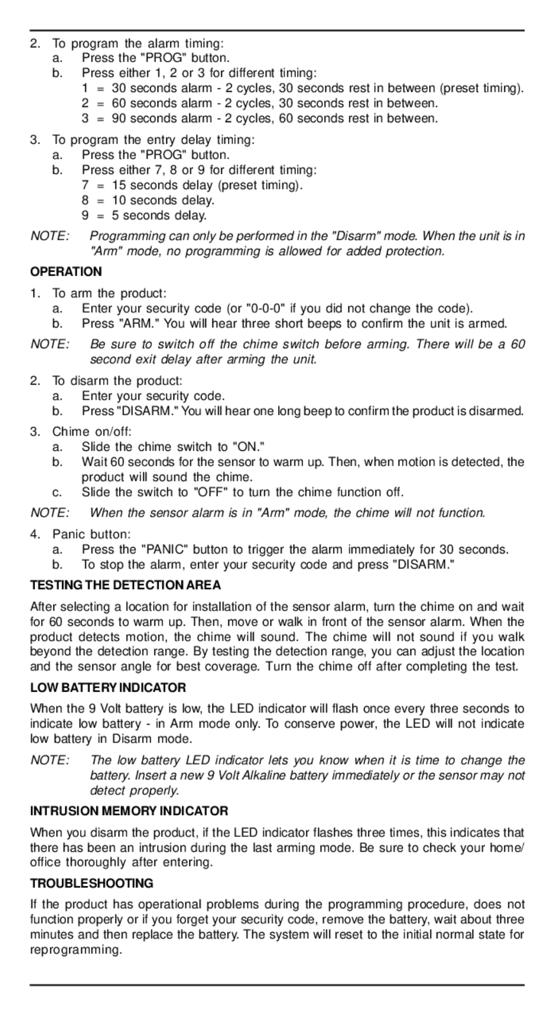 Universal Security Instruments HS-5300 Operation, Testing the Detection Area, LOW Battery Indicator, Troubleshooting 