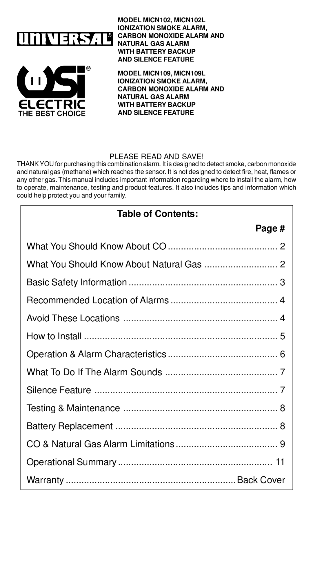 Universal Security Instruments MICN109L, MICN102L warranty Table of Contents 