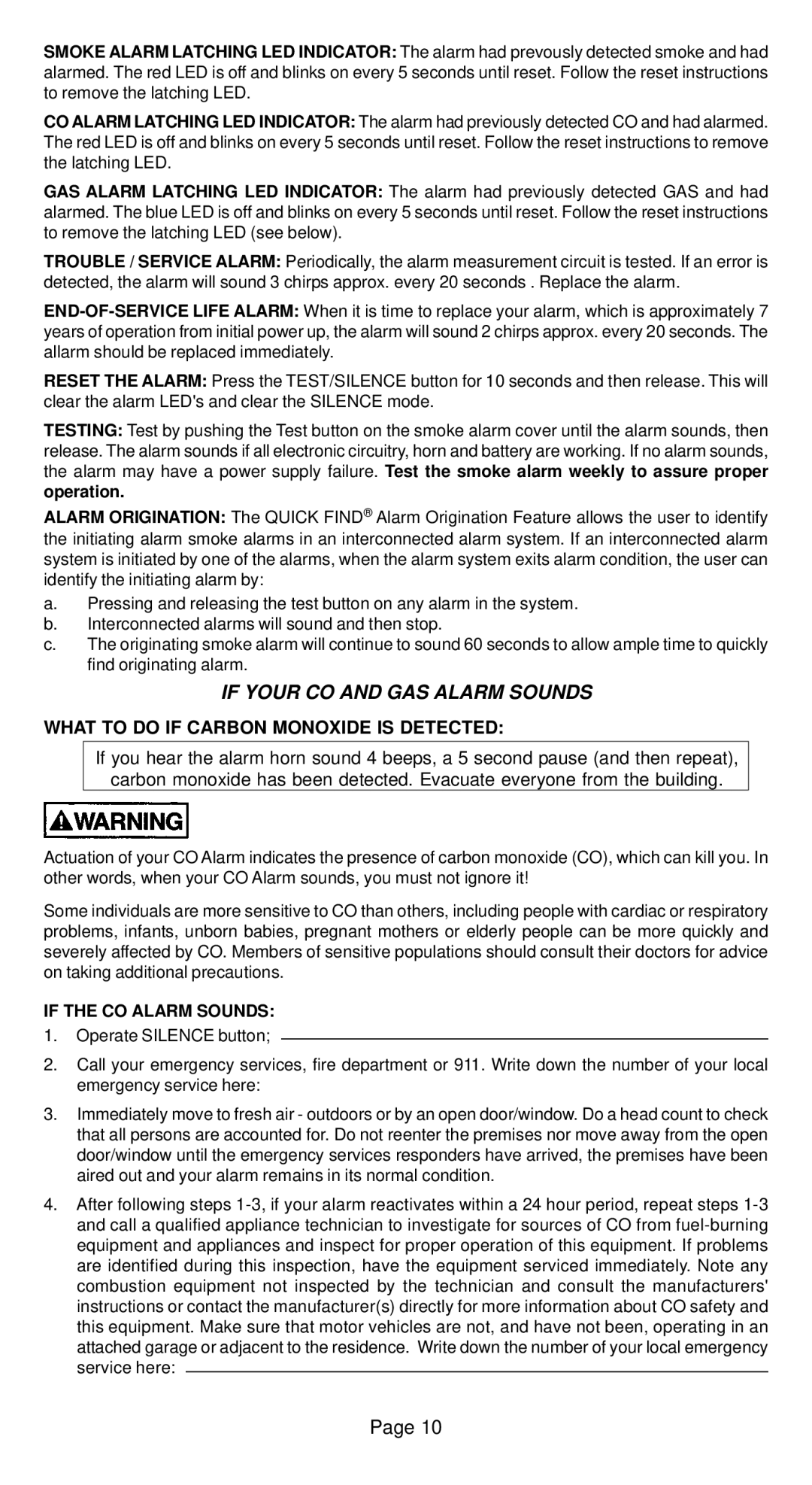 Universal Security Instruments MICN102L warranty If Your CO and GAS Alarm Sounds, What to do if Carbon Monoxide is Detected 