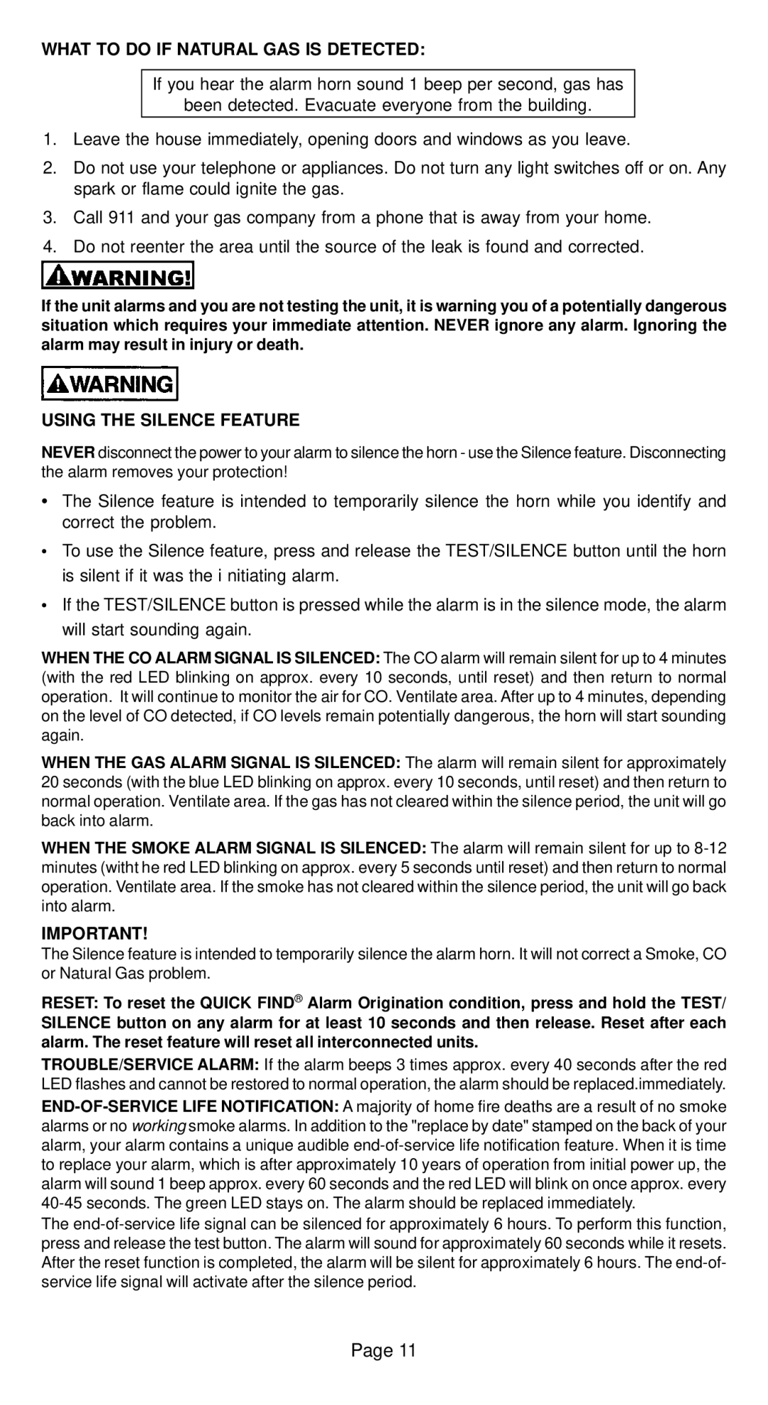 Universal Security Instruments MICN109L, MICN102 What to do if Natural GAS is Detected, Using the Silence Feature 