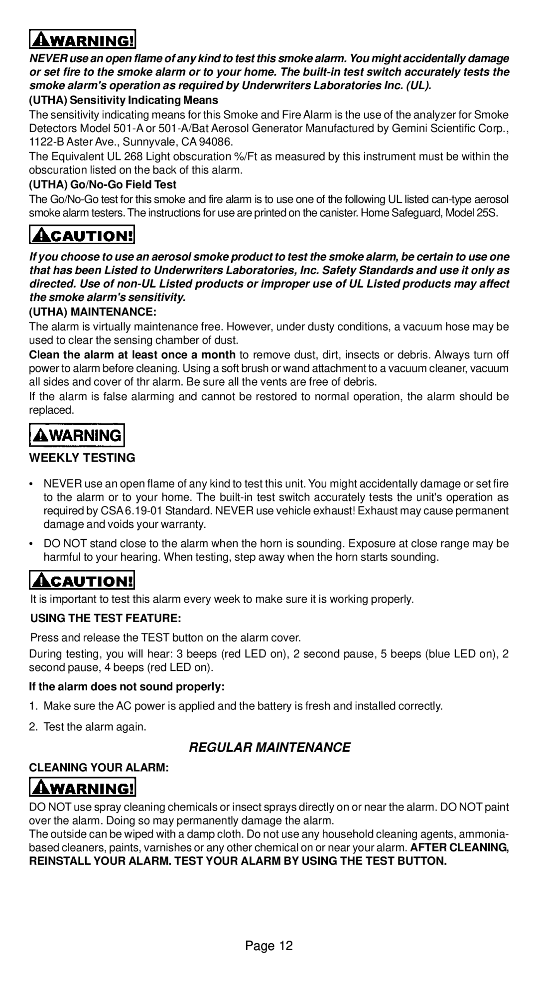 Universal Security Instruments MICN109L Regular Maintenance, Weekly Testing, Utha Maintenance, Using the Test Feature 