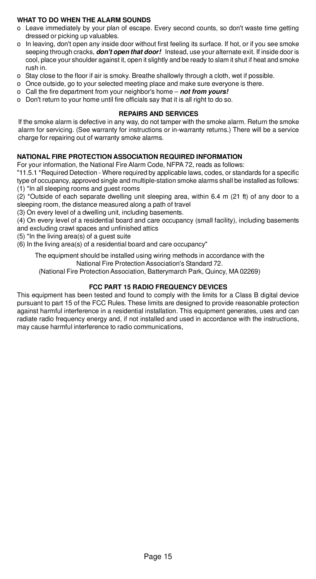 Universal Security Instruments MICN109L, MICN102 What to do When the Alarm Sounds, FCC Part 15 Radio Frequency Devices 