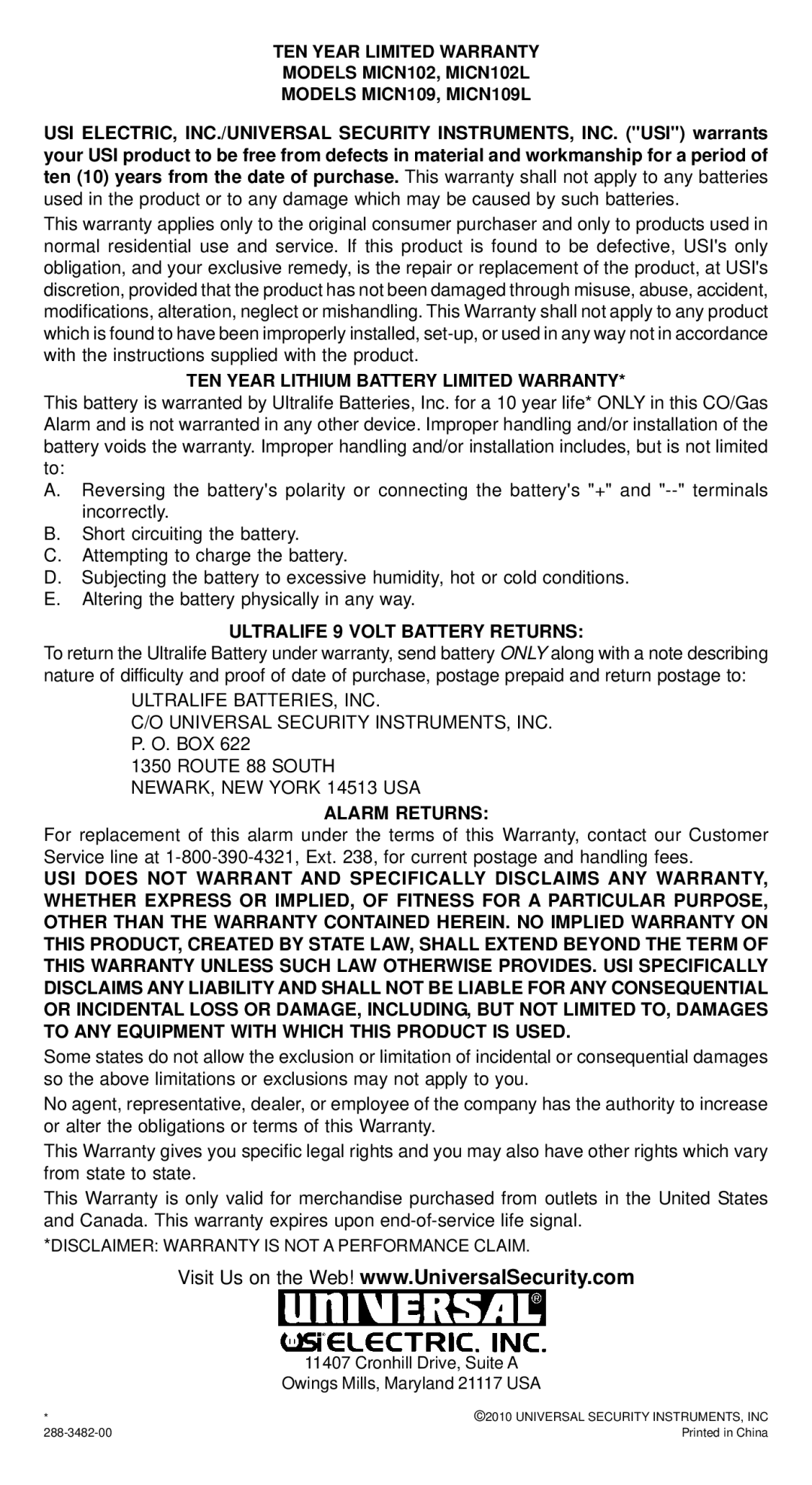 Universal Security Instruments MICN102 warranty TEN Year Lithium Battery Limited Warranty, Ultralife 9 Volt Battery Returns 