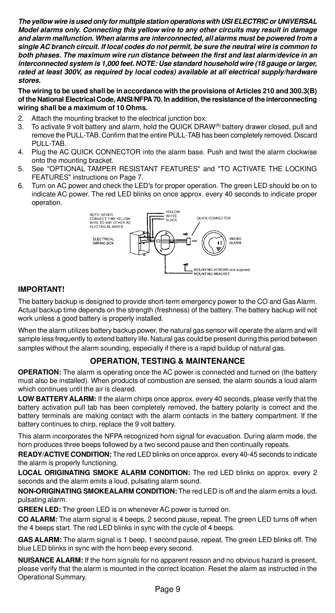 Universal Security Instruments MICN109L, MICN102L warranty OPERATION, Testing & Maintenance 