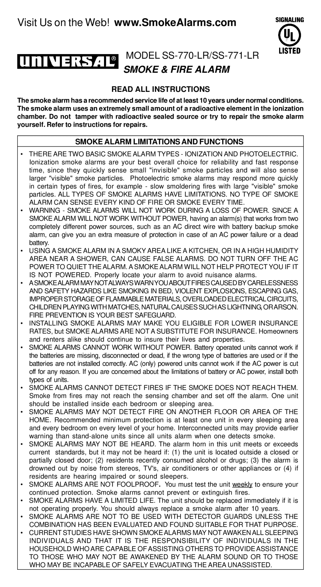 Universal Security Instruments SS-771-LR, SS-770-LR manual Read ALL Instructions, Smoke Alarm Limitations and Functions 