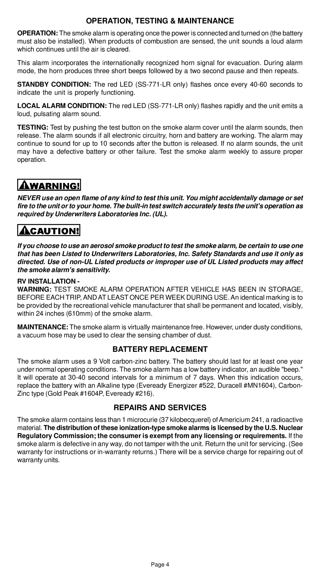 Universal Security Instruments SS-770-LR manual OPERATION, Testing & Maintenance, Battery Replacement, Repairs and Services 