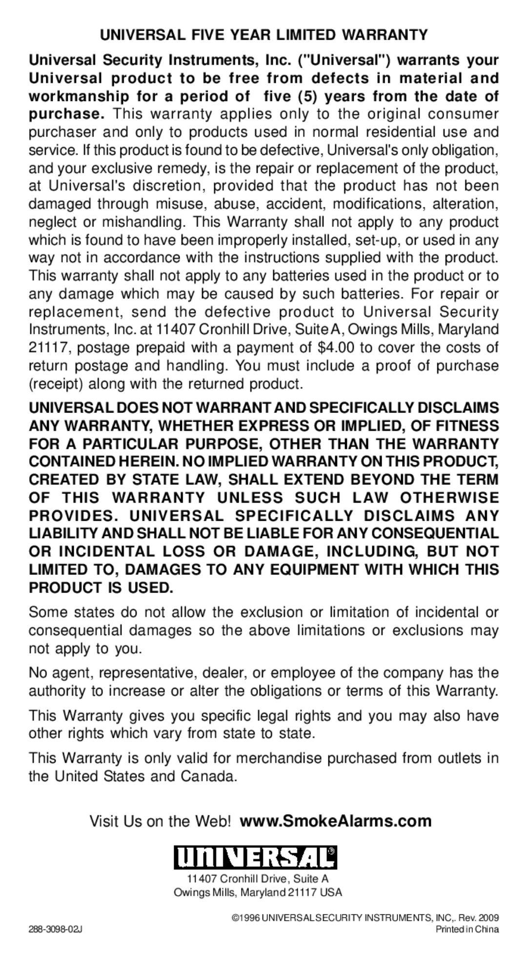 Universal Security Instruments SS-770-LR, SS-771-LR manual Universal Five Year Limited Warranty 