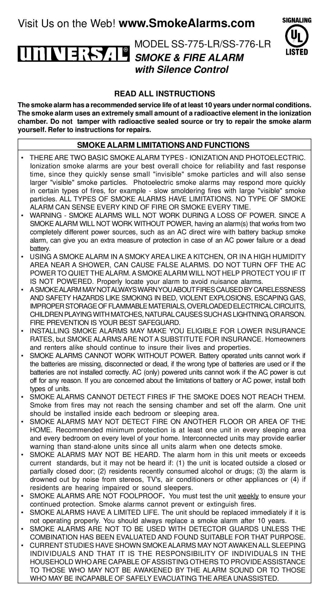 Universal Security Instruments SS-775-LR, SS-776-LR manual Read ALL Instructions, Smoke Alarm Limitations and Functions 