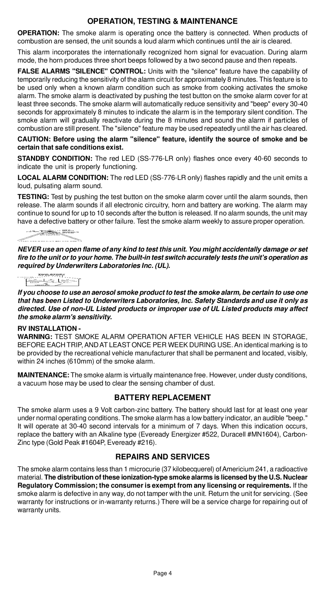 Universal Security Instruments SS-776-LR manual OPERATION, Testing & Maintenance, Battery Replacement, Repairs and Services 