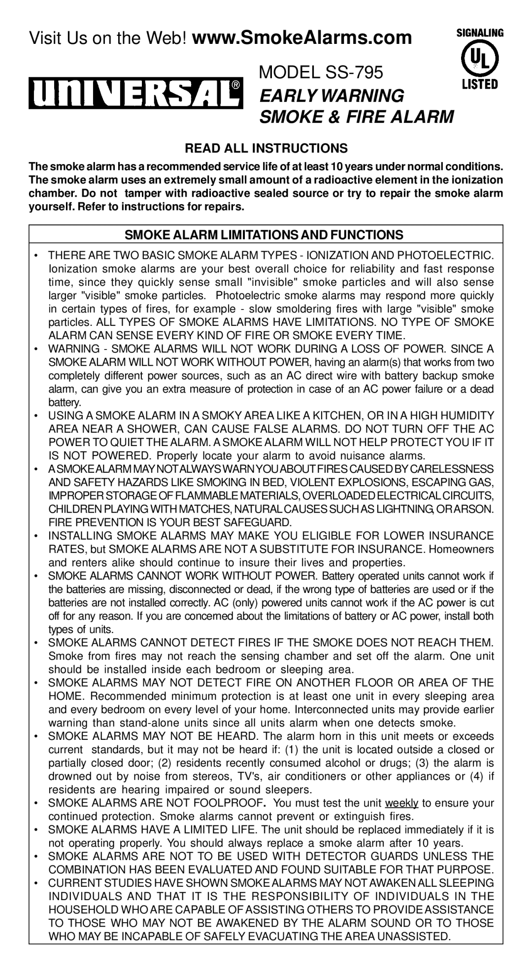 Universal Security Instruments SS-795 manual Read ALL Instructions, Smoke Alarm Limitations and Functions 