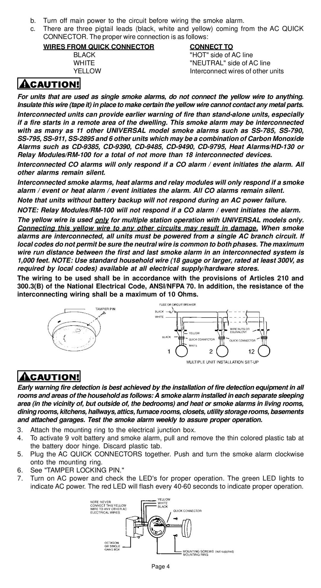 Universal Security Instruments SS-795 manual Wires from Quick Connector Connect to, Black, White, Yellow 