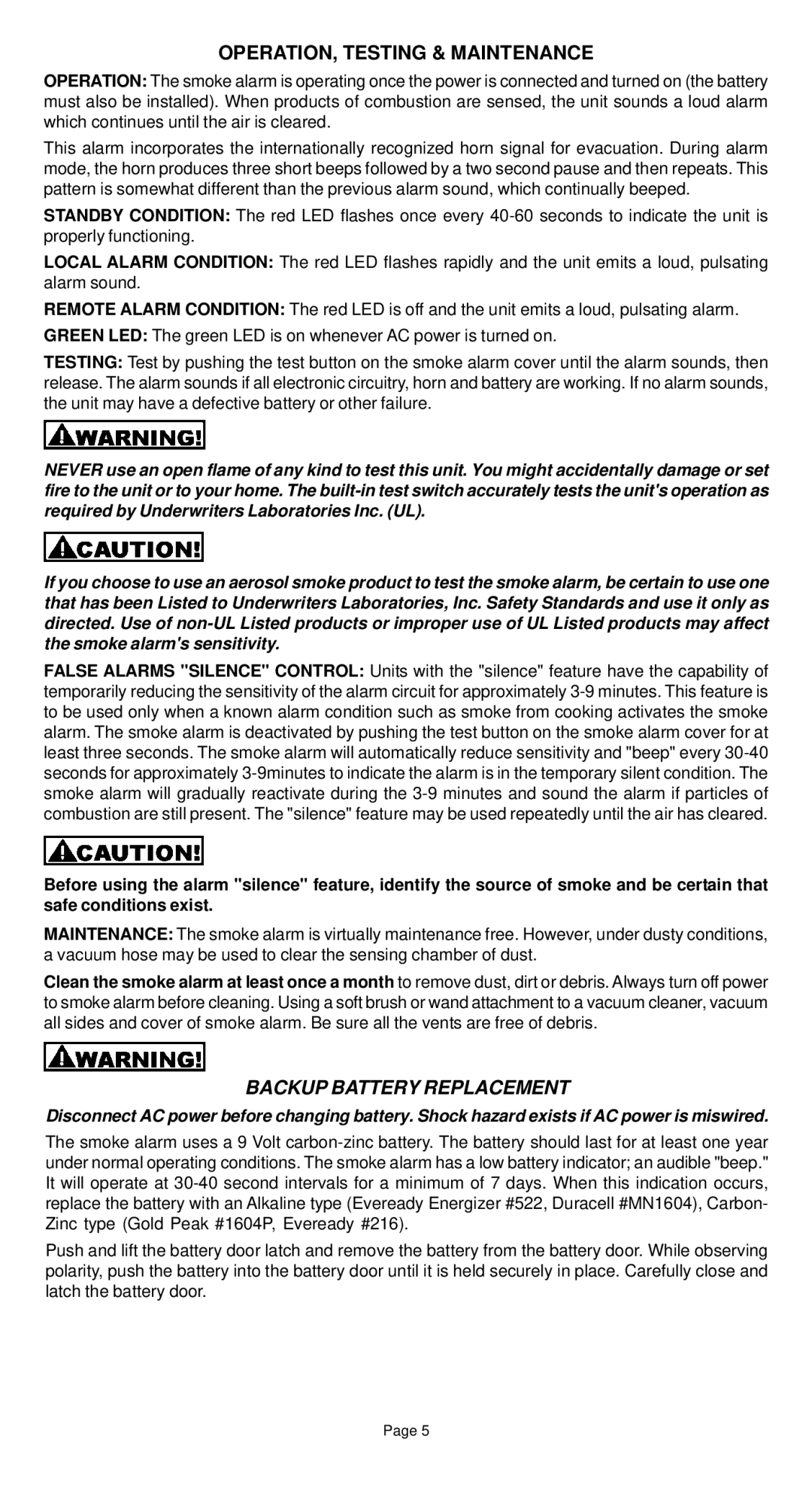 Universal Security Instruments SS-795 manual OPERATION, Testing & Maintenance, Backup Battery Replacement 