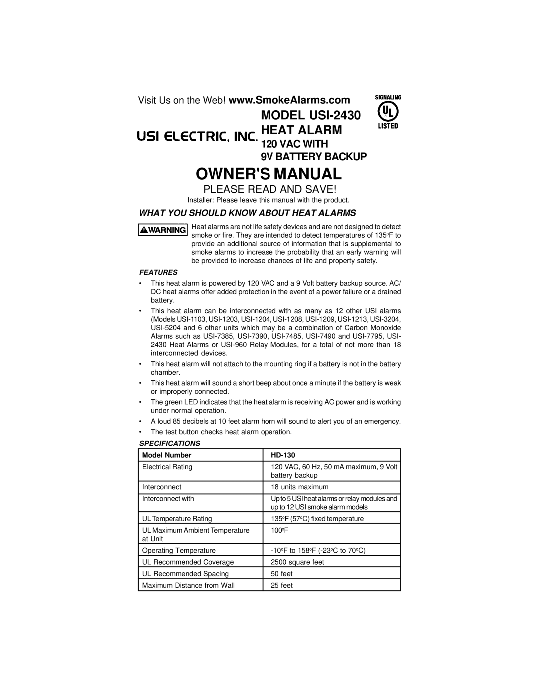 Universal Security Instruments USI-2430 owner manual Features, Specifications 