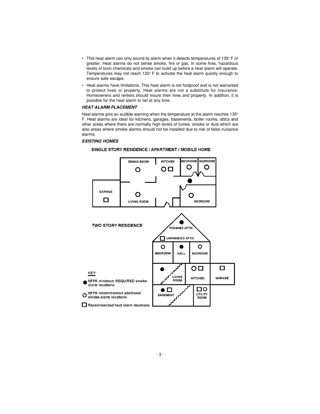 Universal Security Instruments USI-2430 owner manual Heat Alarm Placement, Existing Homes 