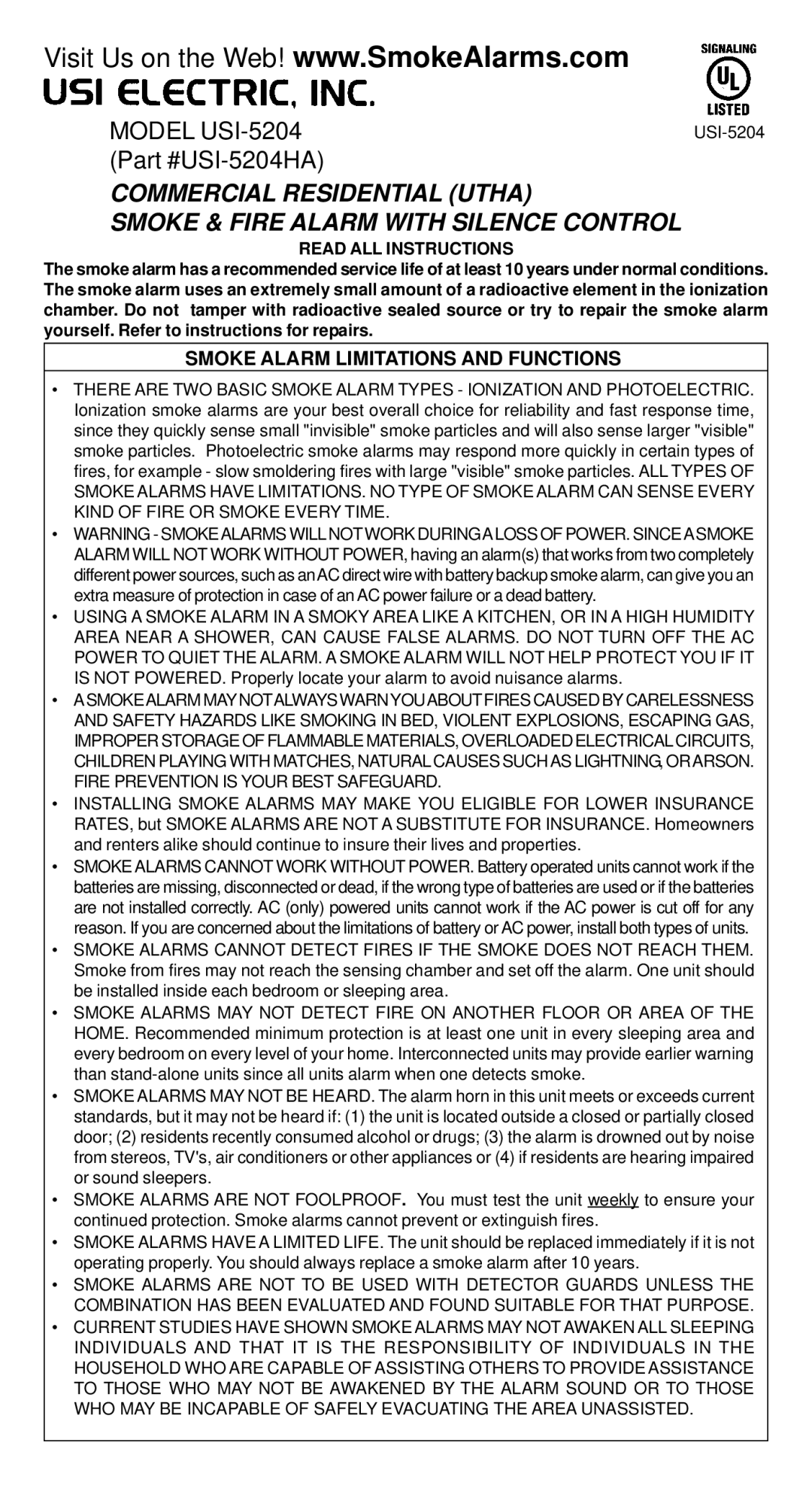 Universal Security Instruments USI-5204 manual Smoke Alarm Limitations and Functions, Read ALL Instructions 