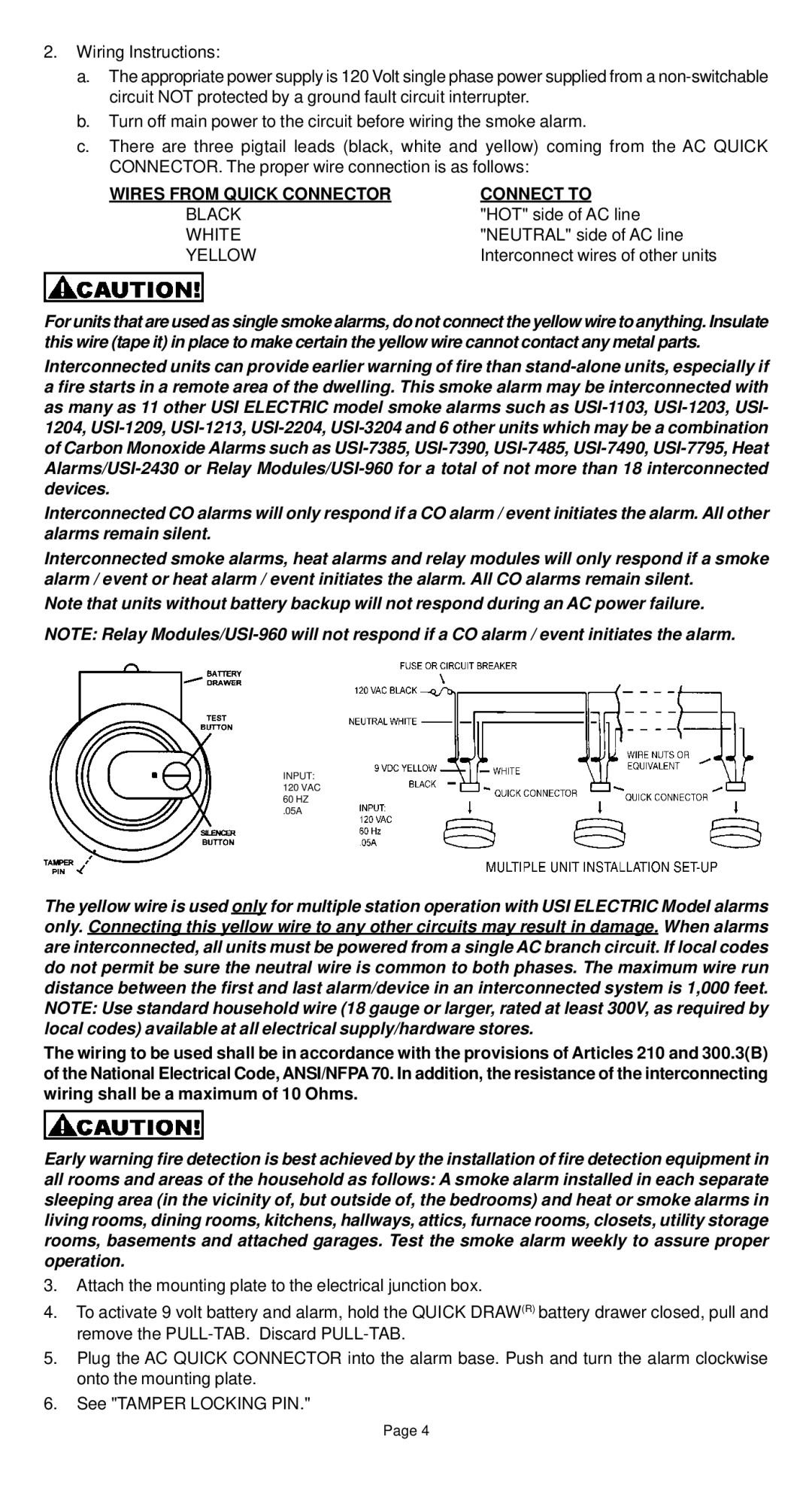 Universal Security Instruments USI-5204 manual Wires from Quick Connector Connect to, Black, White, Yellow 