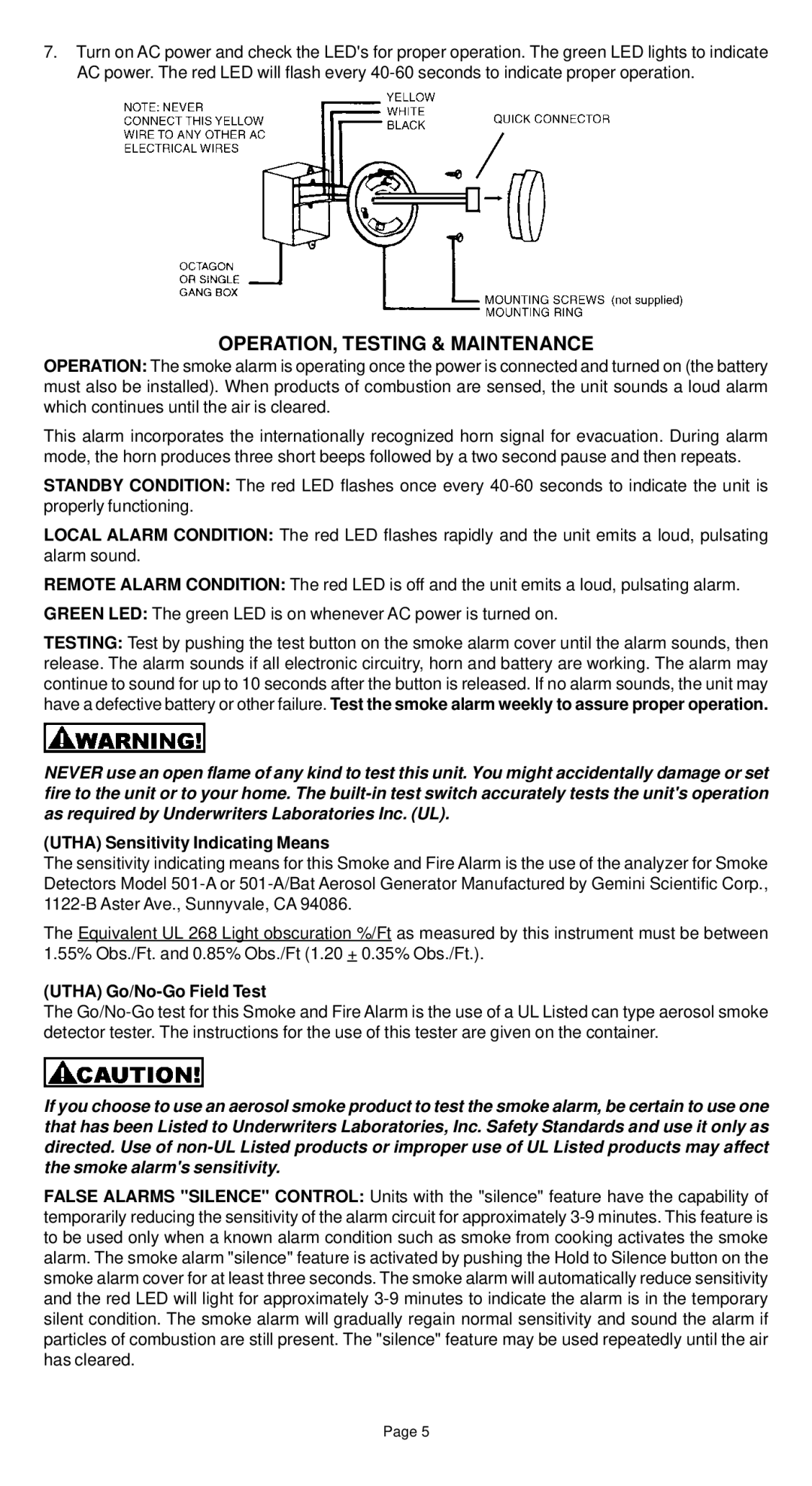 Universal Security Instruments USI-5204 manual OPERATION, Testing & Maintenance, Utha Sensitivity Indicating Means 