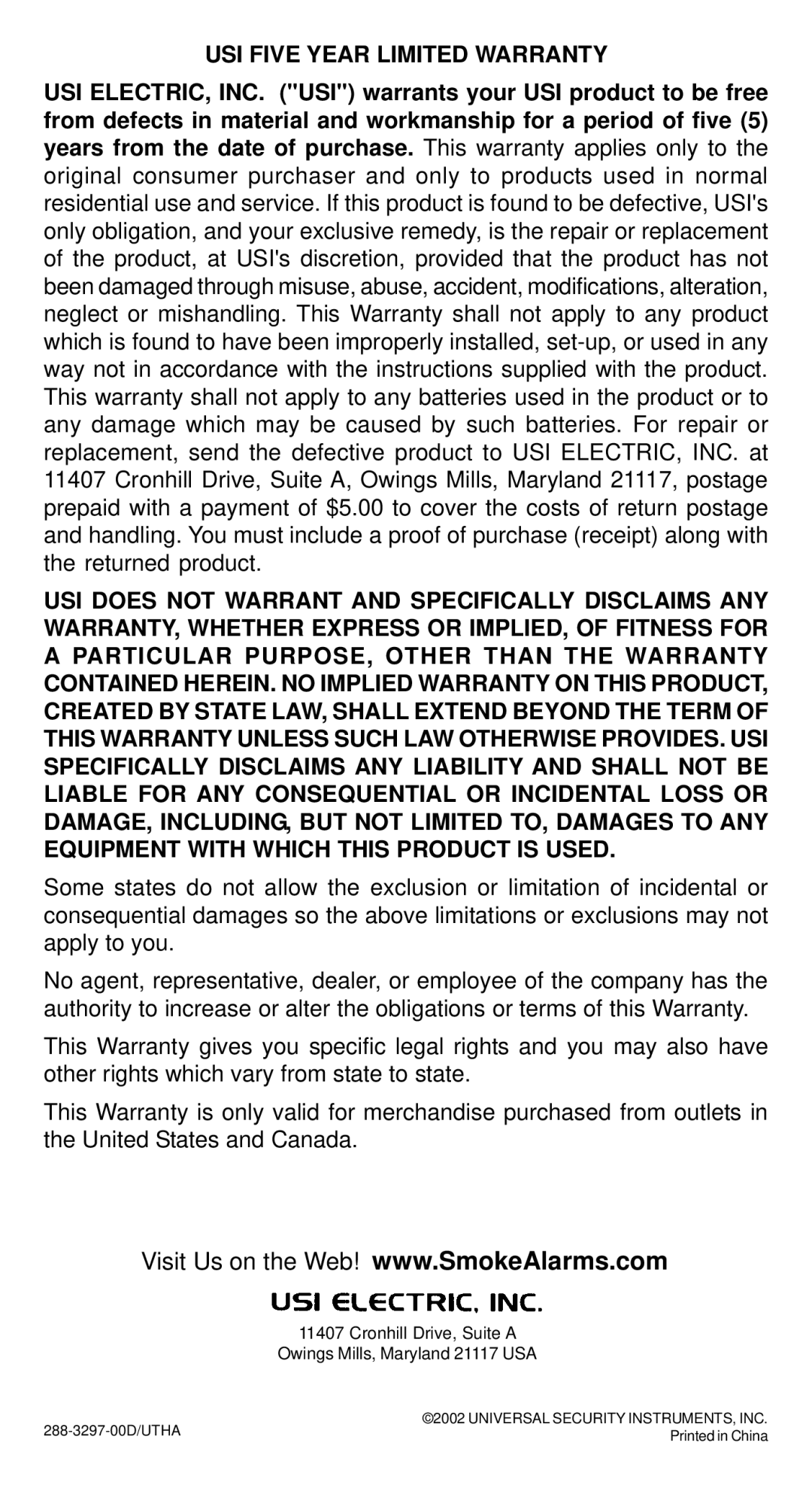Universal Security Instruments USI-5204 manual USI Five Year Limited Warranty 