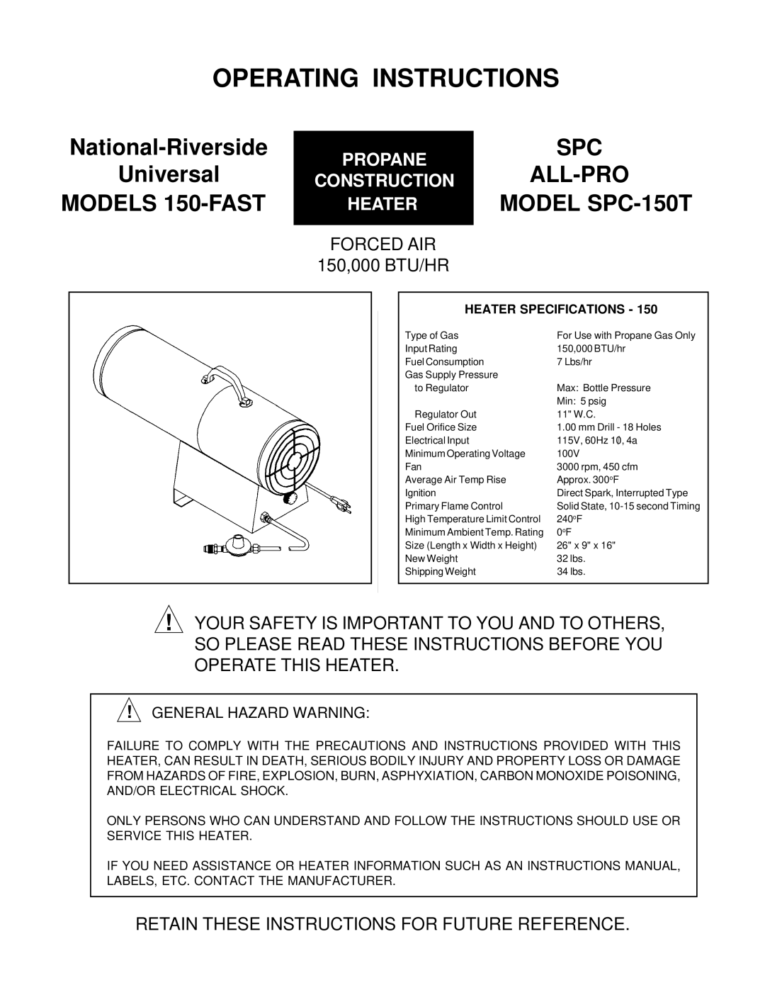 Universal 80-FAP operating instructions Forced AIR, Retain These Instructions for Future Reference, General Hazard Warning 