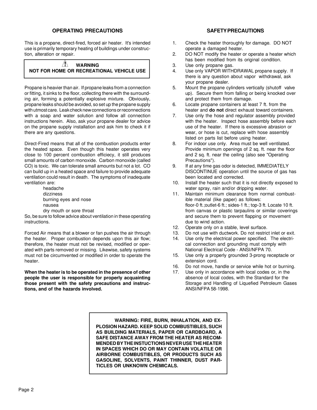 Universal SPC-150T, 80-FAP Operating Precautions Safety Precautions, Not for Home or Recreational Vehicle USE 