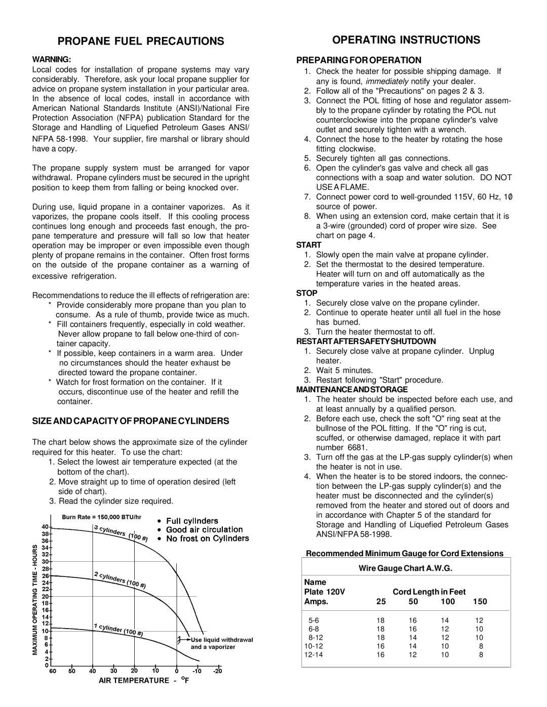 Universal 80-FAP, SPC-150T Propane Fuel Precautions, Operating Instructions, Size and Capacity of Propane Cylinders 