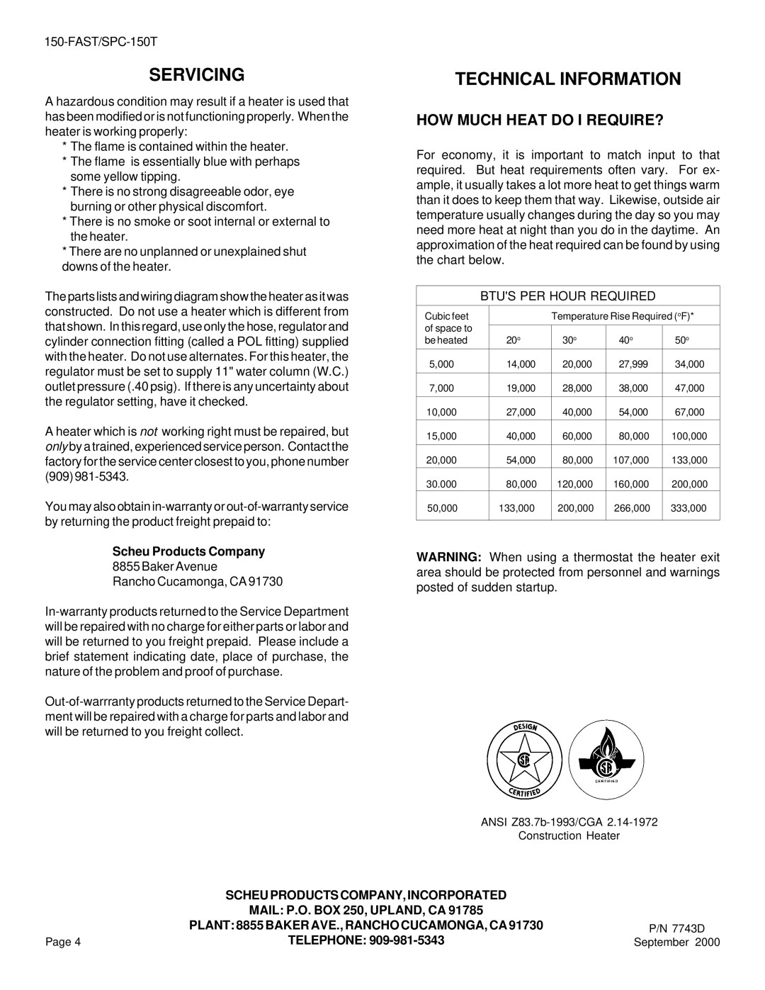 Universal SPC-150T, 80-FAP HOW Much Heat do I REQUIRE?, Btus PER Hour Required, Scheu Products COMPANY, Incorporated 