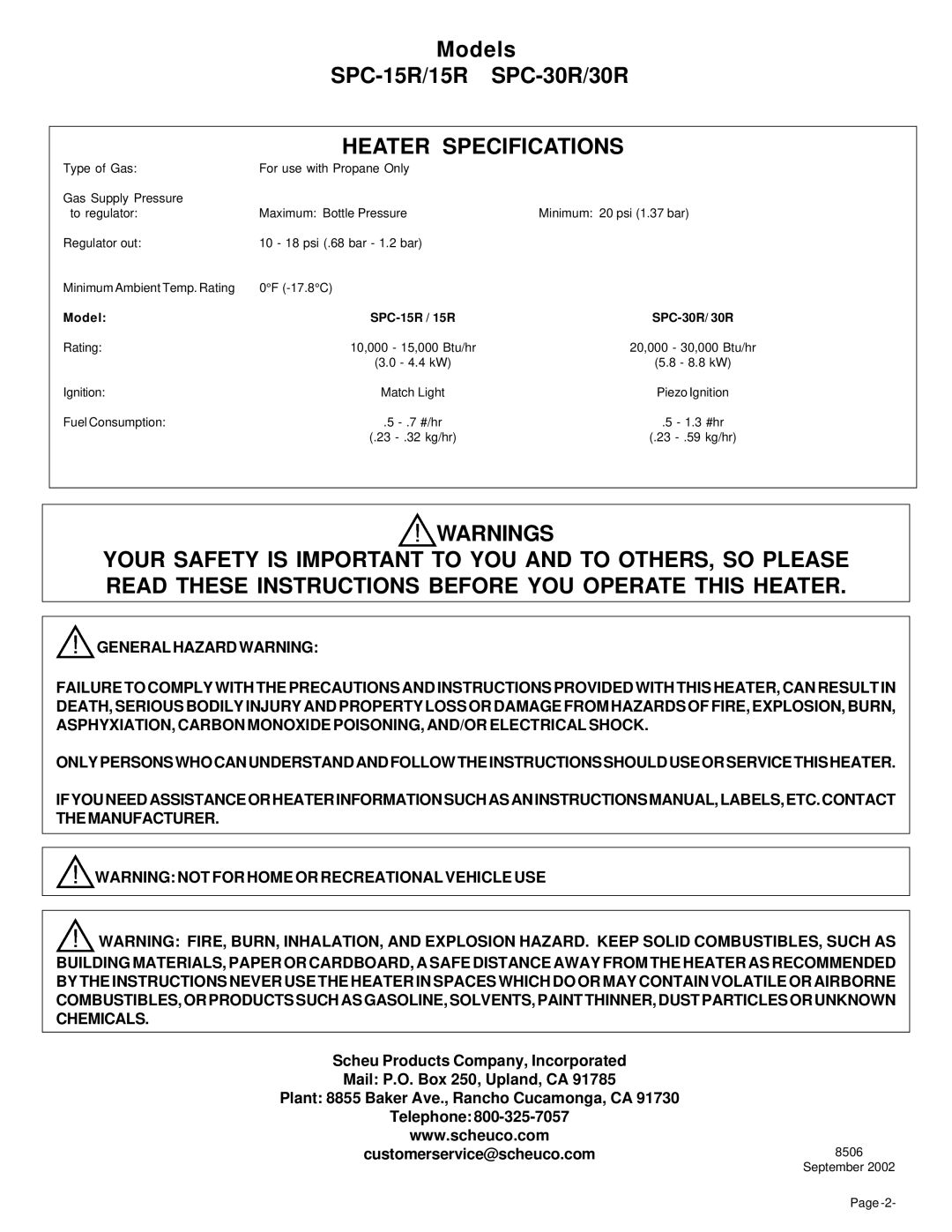 Universal SPC-30R/30R, SPC-15R/15R owner manual Heater Specifications, Model SPC-15R / 15R SPC-30R/ 30R 