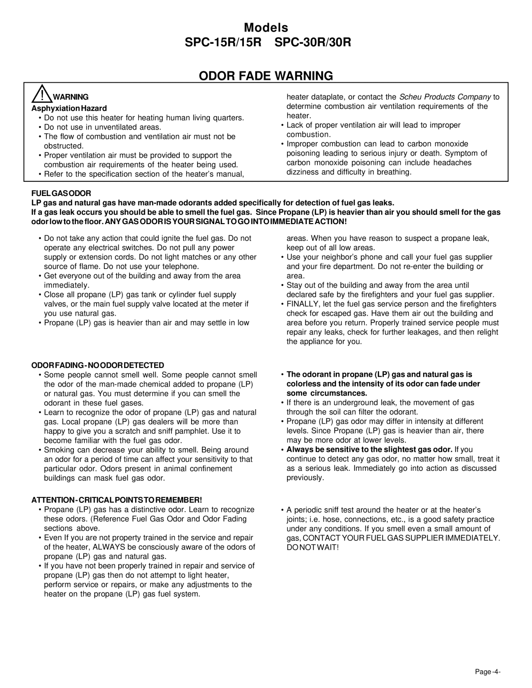 Universal SPC-30R/30R, SPC-15R/15R owner manual Odor Fade Warning, Fuelgasodor, Odorfading-Noodordetected 