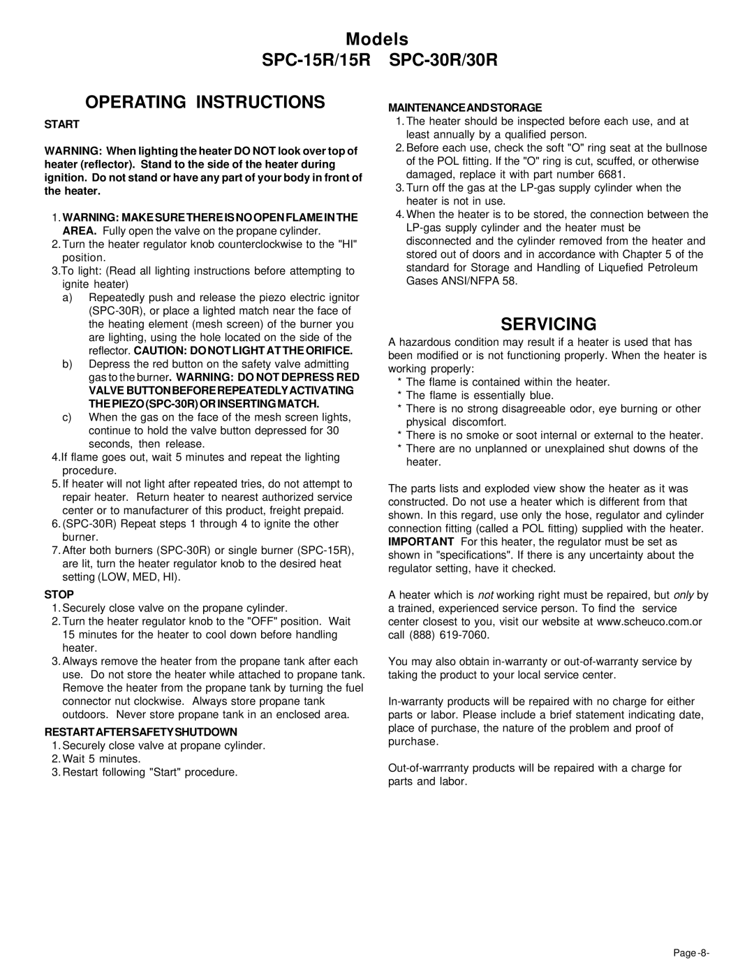 Universal SPC-30R/30R, SPC-15R/15R owner manual Operating Instructions, Servicing 