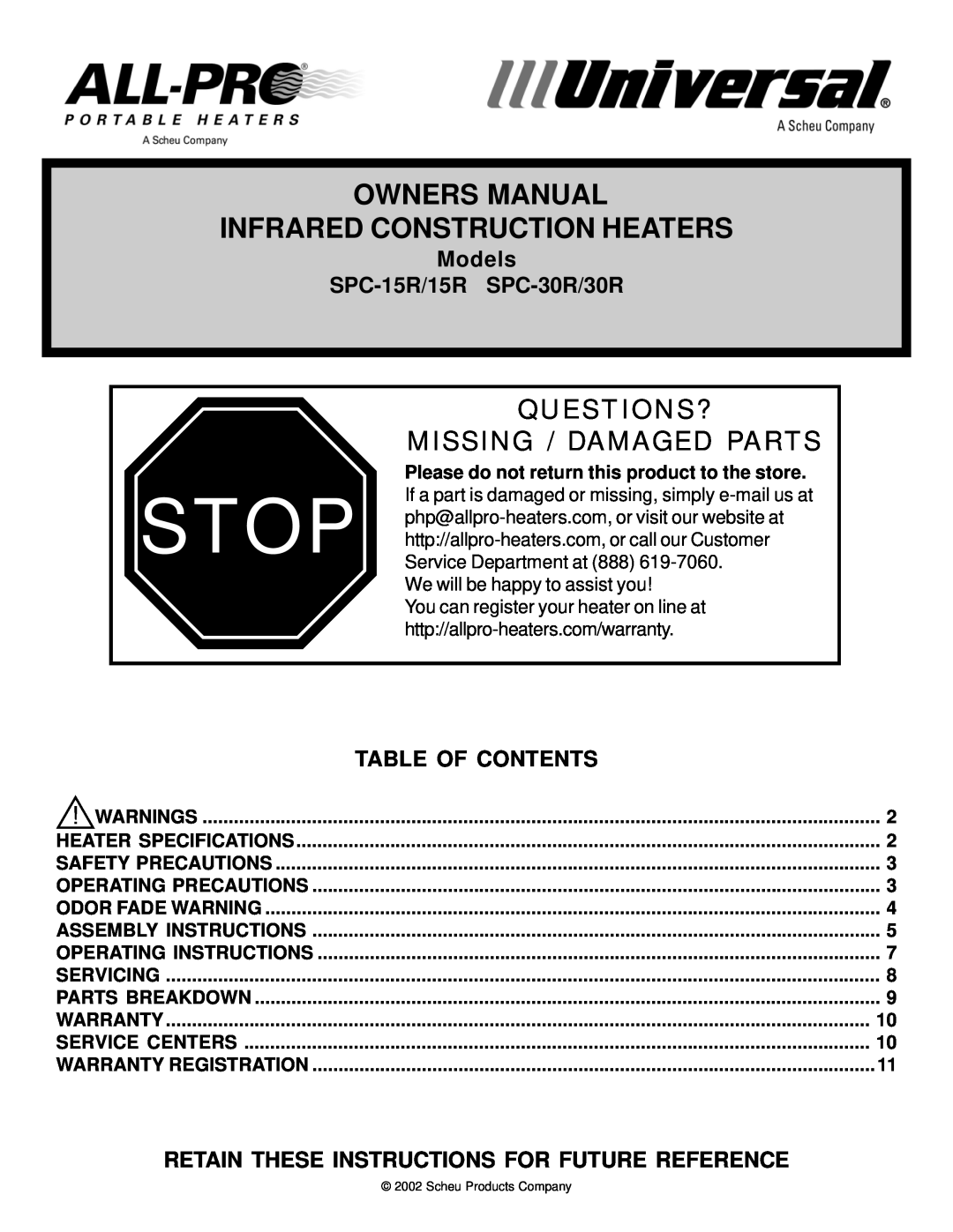 Universal owner manual Models SPC-15R/15R SPC-30R/30R, Retain These Instructions For Future Reference 