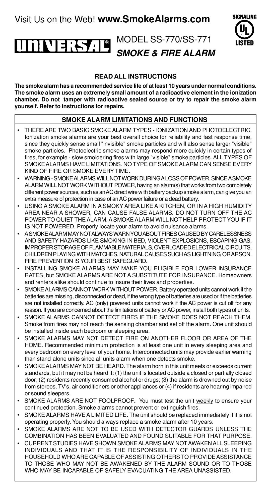 Universal SS-770/SS-771 manual Read ALL Instructions, Smoke Alarm Limitations and Functions 