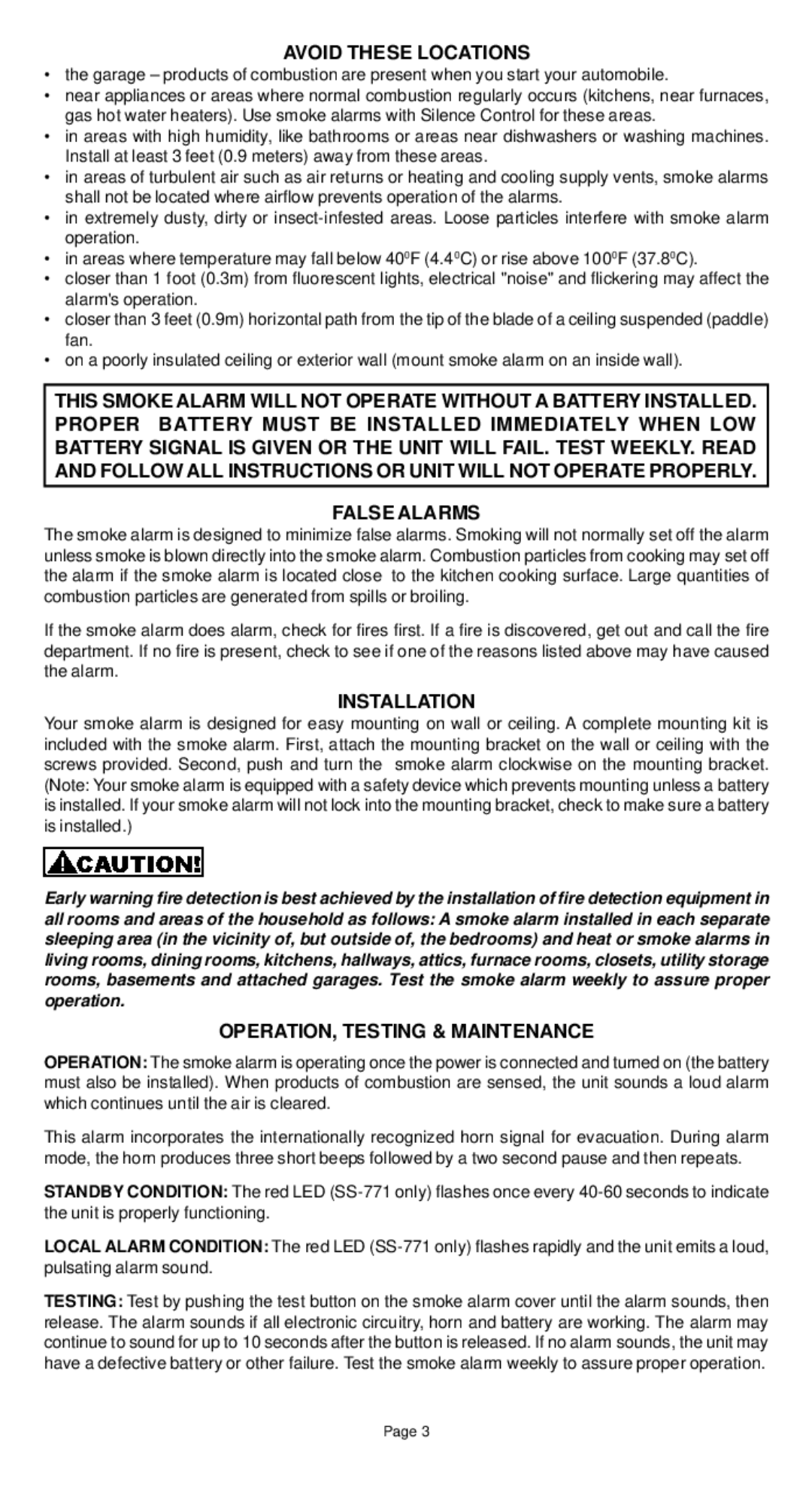 Universal SS-770/SS-771 manual Avoid These Locations, False Alarms, Installation, OPERATION, Testing & Maintenance 